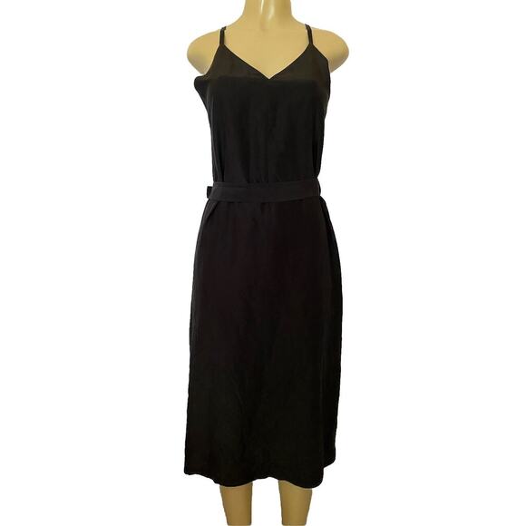 JBNY Silk Midi Dress Black V Neck Wrap Spaghetti Strap Side Slit A line M - Picture 1 of 11